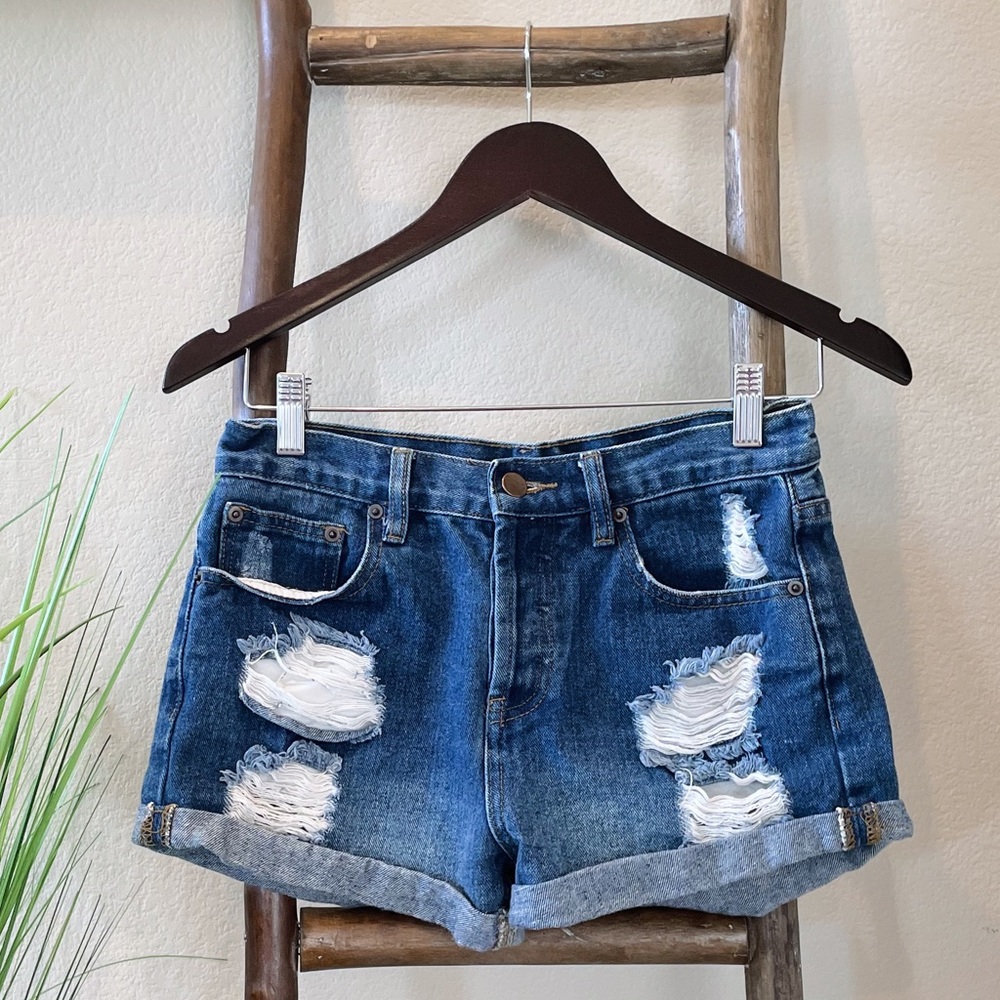 High Rise Distressed Denim Shorts